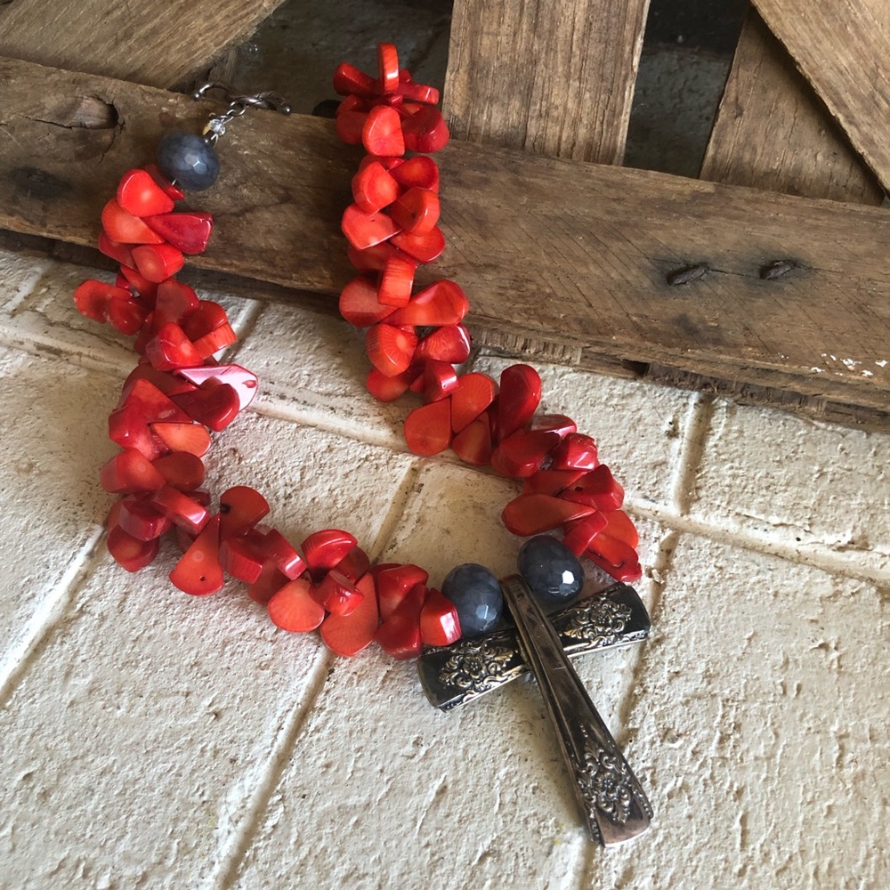 New Beautiful Coral necklace with silver cross